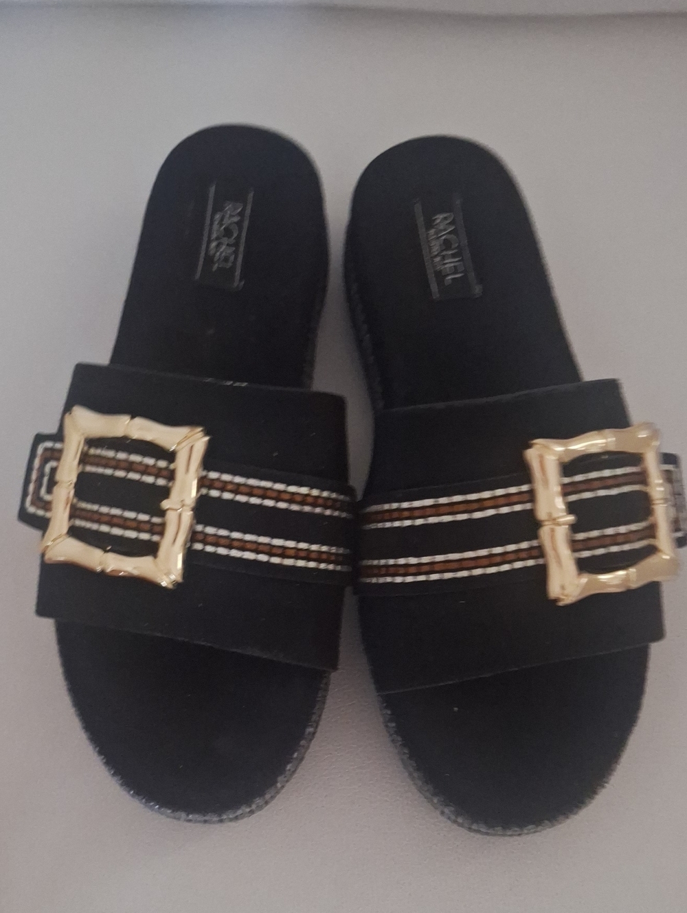 Rachel Roy Gorgeous Black Slide Mules with Gold Buckles Sz 8.5 W